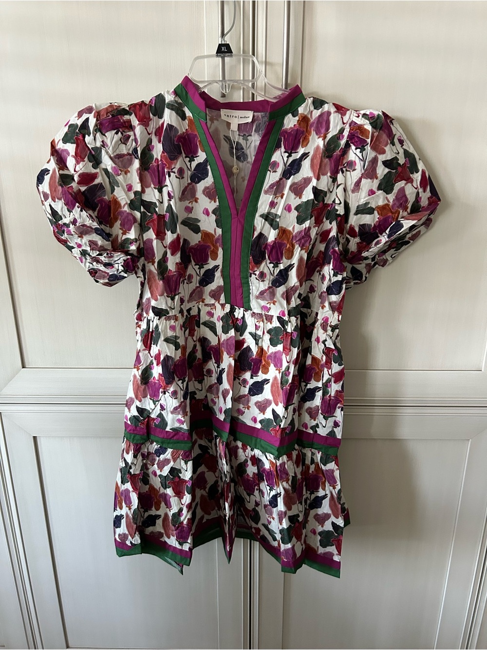 entro Floral V-Neck Dress with Magenta and Green Trim